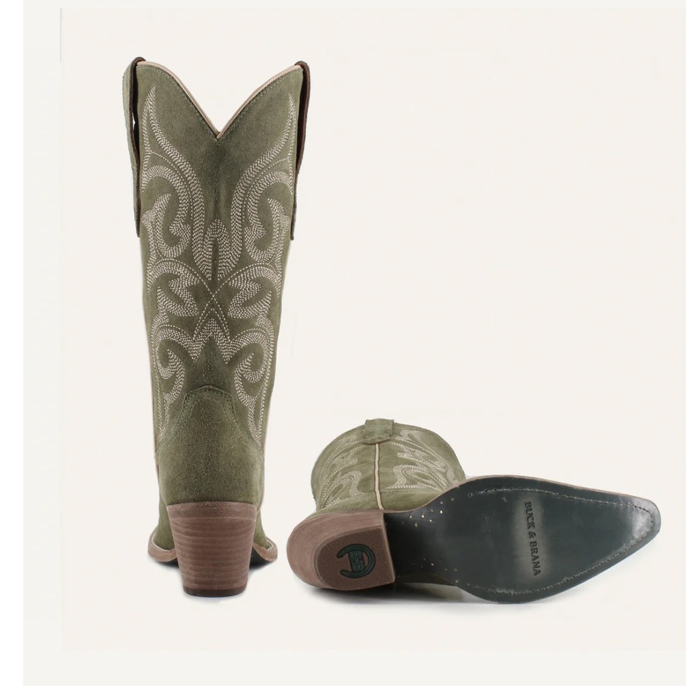 Buck & Brana Tessa Olive Suede Western Cowboy Boots - Picture 4 of 12